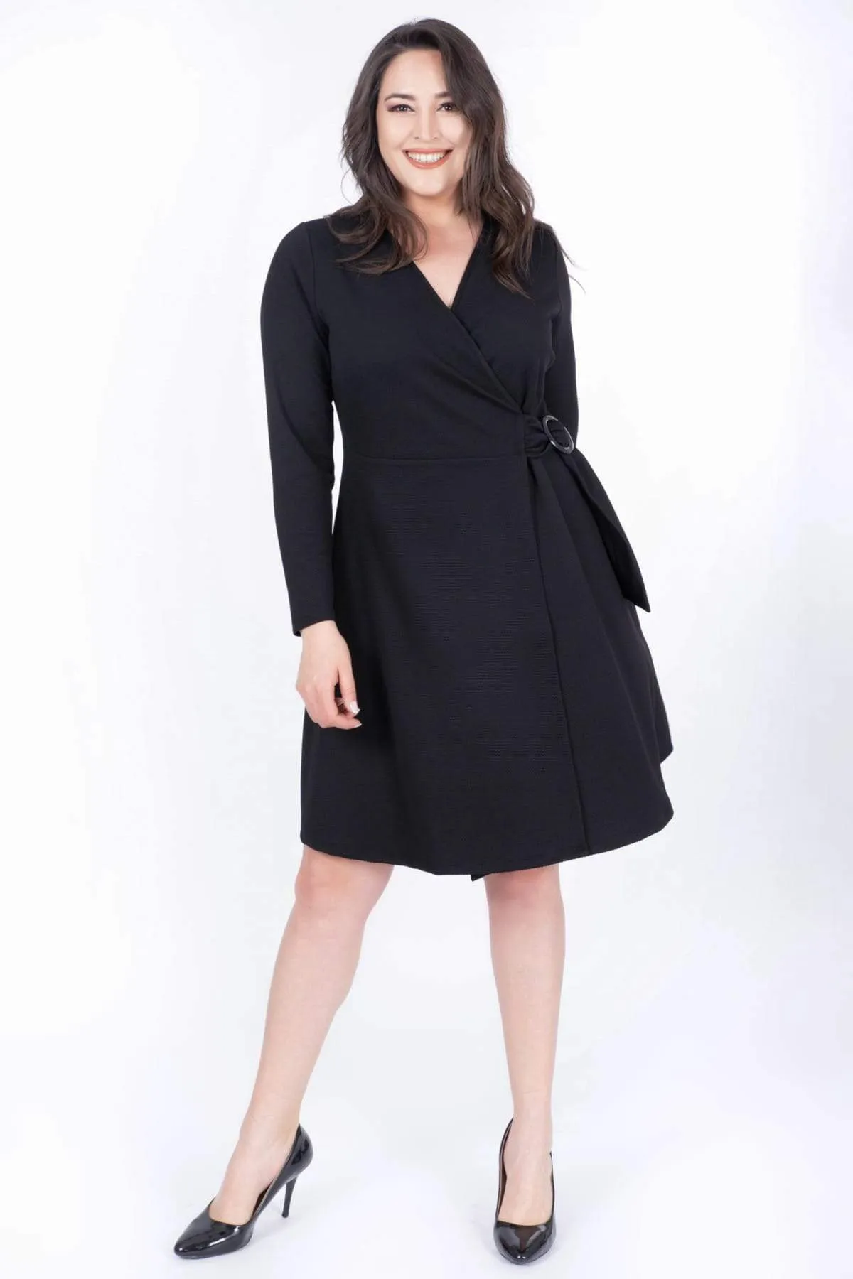 12804 Black Buckle Wrap Skirt Dress