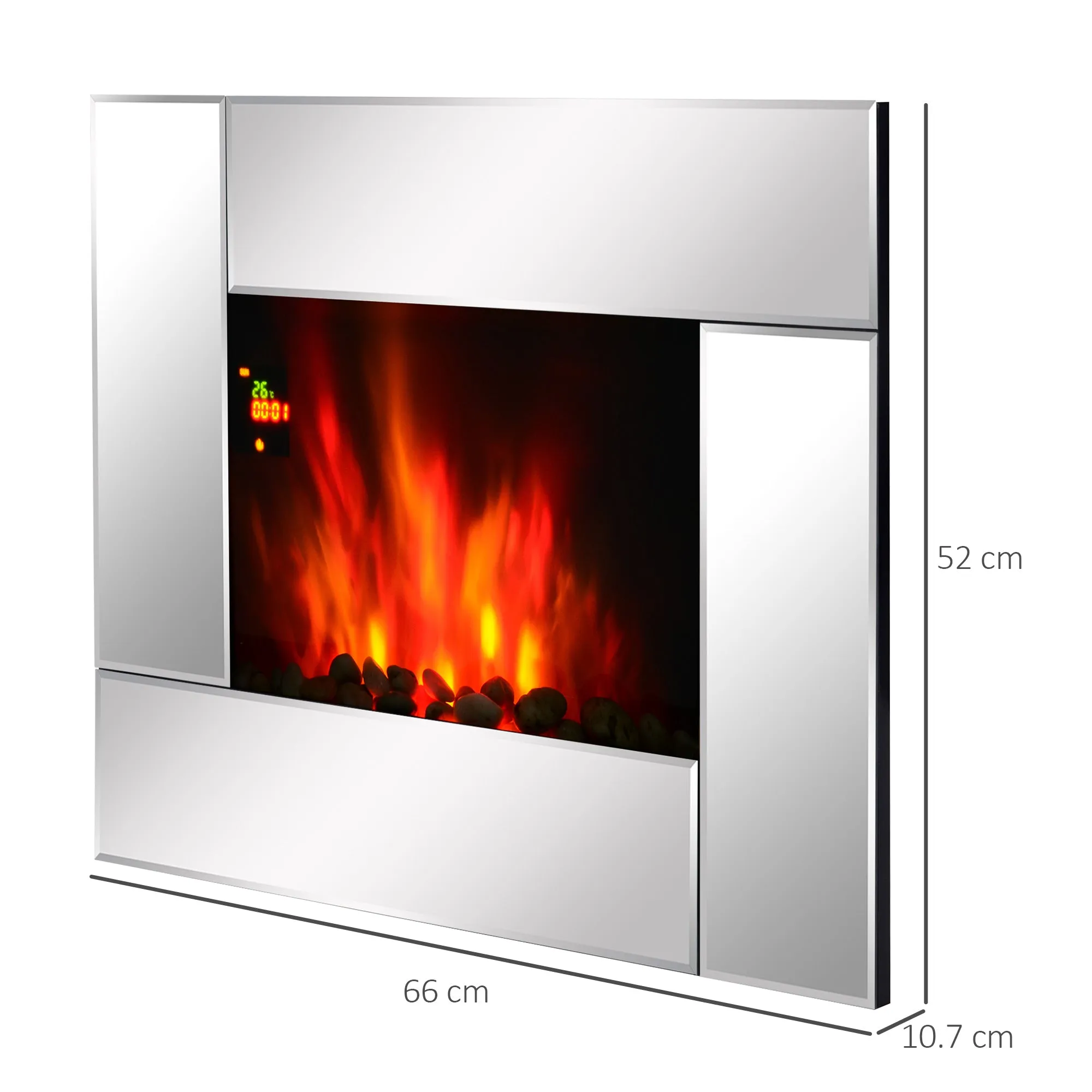 1800W Wall Mounted Electric Fireplace Heater 7 Coloured LED Fire Glass Screen with Pebble Effect & Remote Control