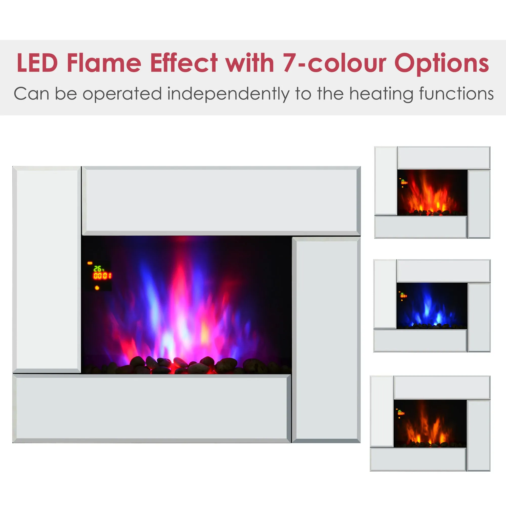 1800W Wall Mounted Electric Fireplace Heater 7 Coloured LED Fire Glass Screen with Pebble Effect & Remote Control