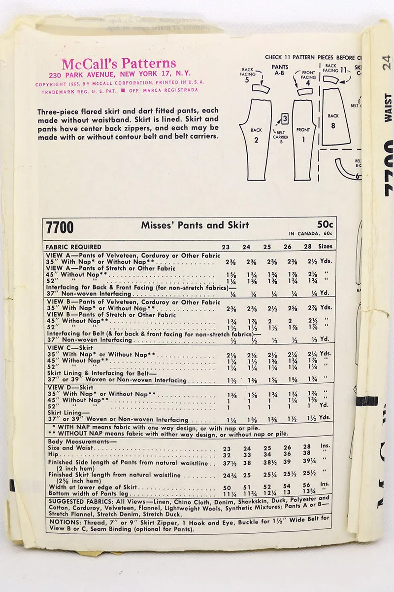 1965 Vintage McCalls 7700 Pants and Skirt Sewing Pattern