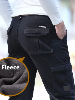 6 Pockets Fleece Warm Cargo Pants Men Clothing Thermal Work Casual Winter Pants