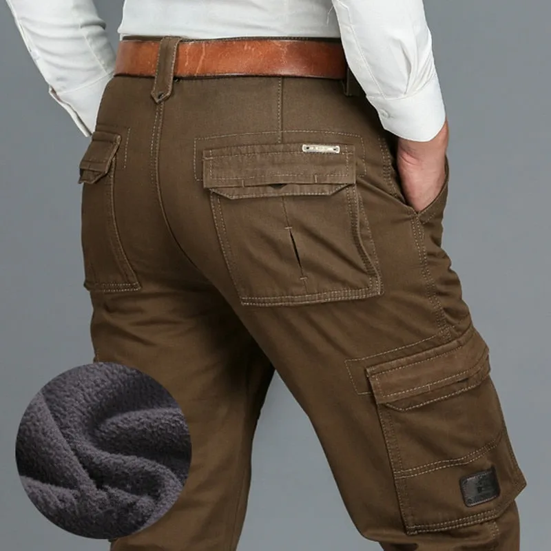 6 Pockets Fleece Warm Cargo Pants Men Clothing Thermal Work Casual Winter Pants