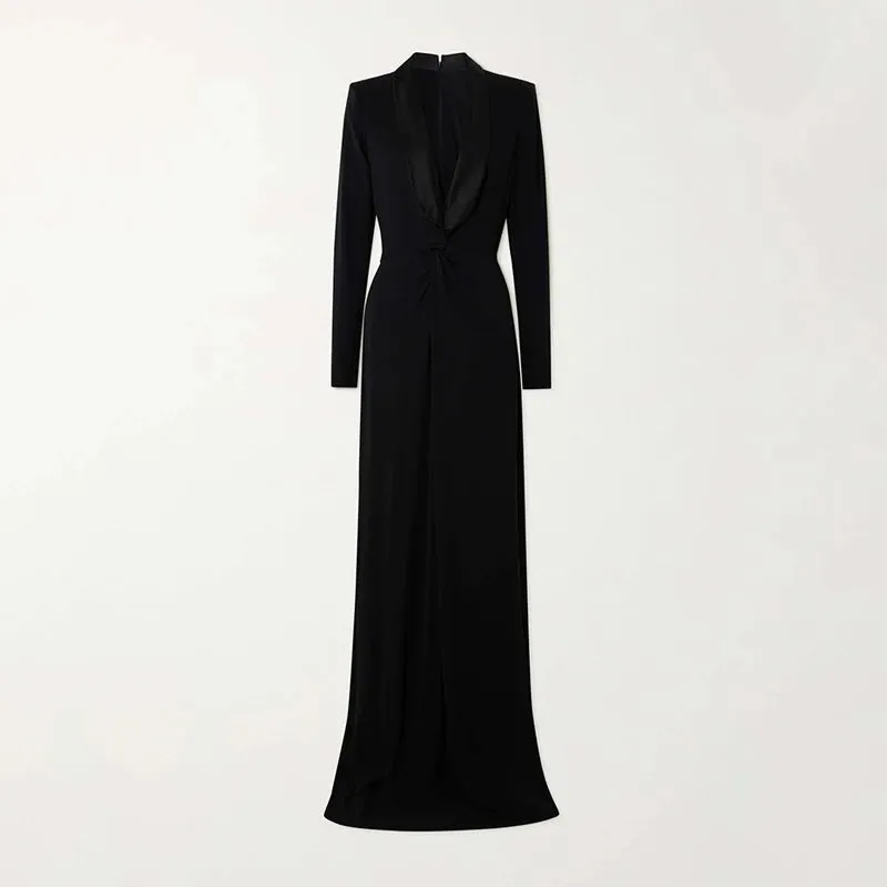 Amozae-Women Black Floor Length Evening Dress Deep V-neck Long Sleeves Skinny High Waisted Wrap Dress for Female 2024 New