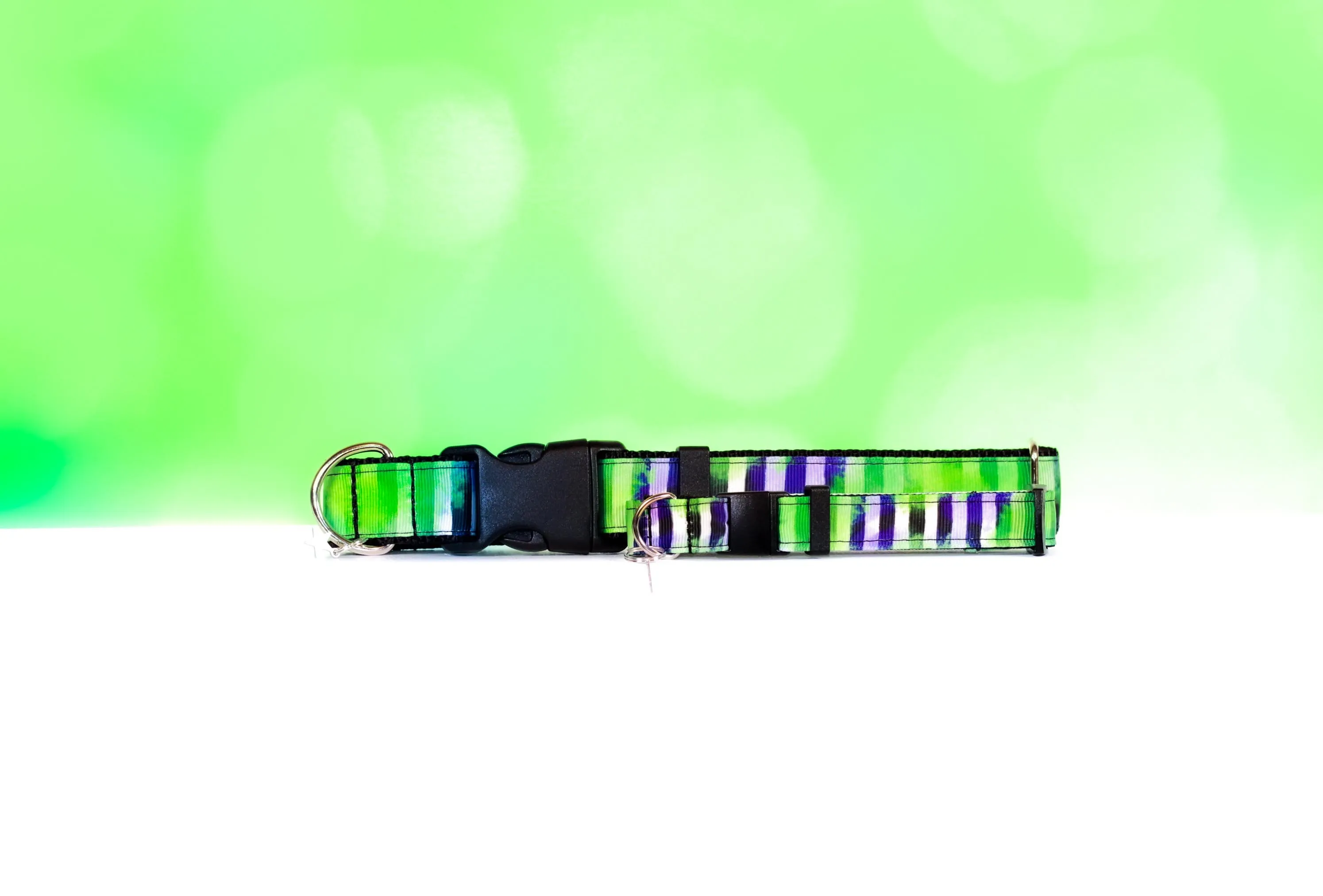 Beetlejuice dog collar, Striped dog collar with green and purple splash, Beetlejuice cat collar, Breakaway cat collar,