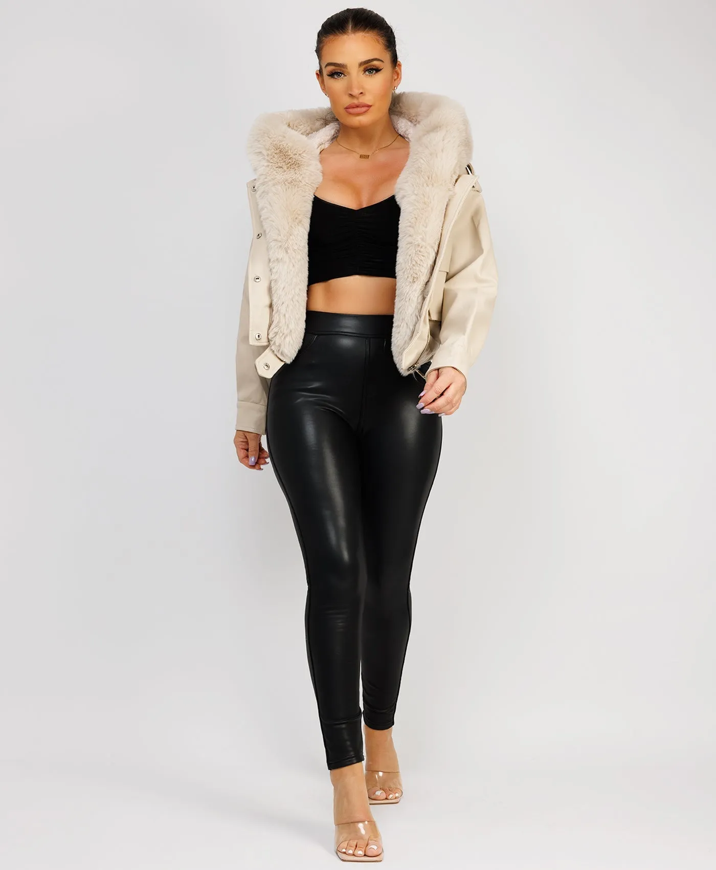Beige Vegan Leather Faux Fur Collar Hooded Bomber Jacket