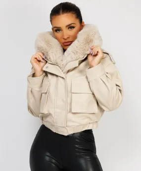 Beige Vegan Leather Faux Fur Collar Hooded Bomber Jacket