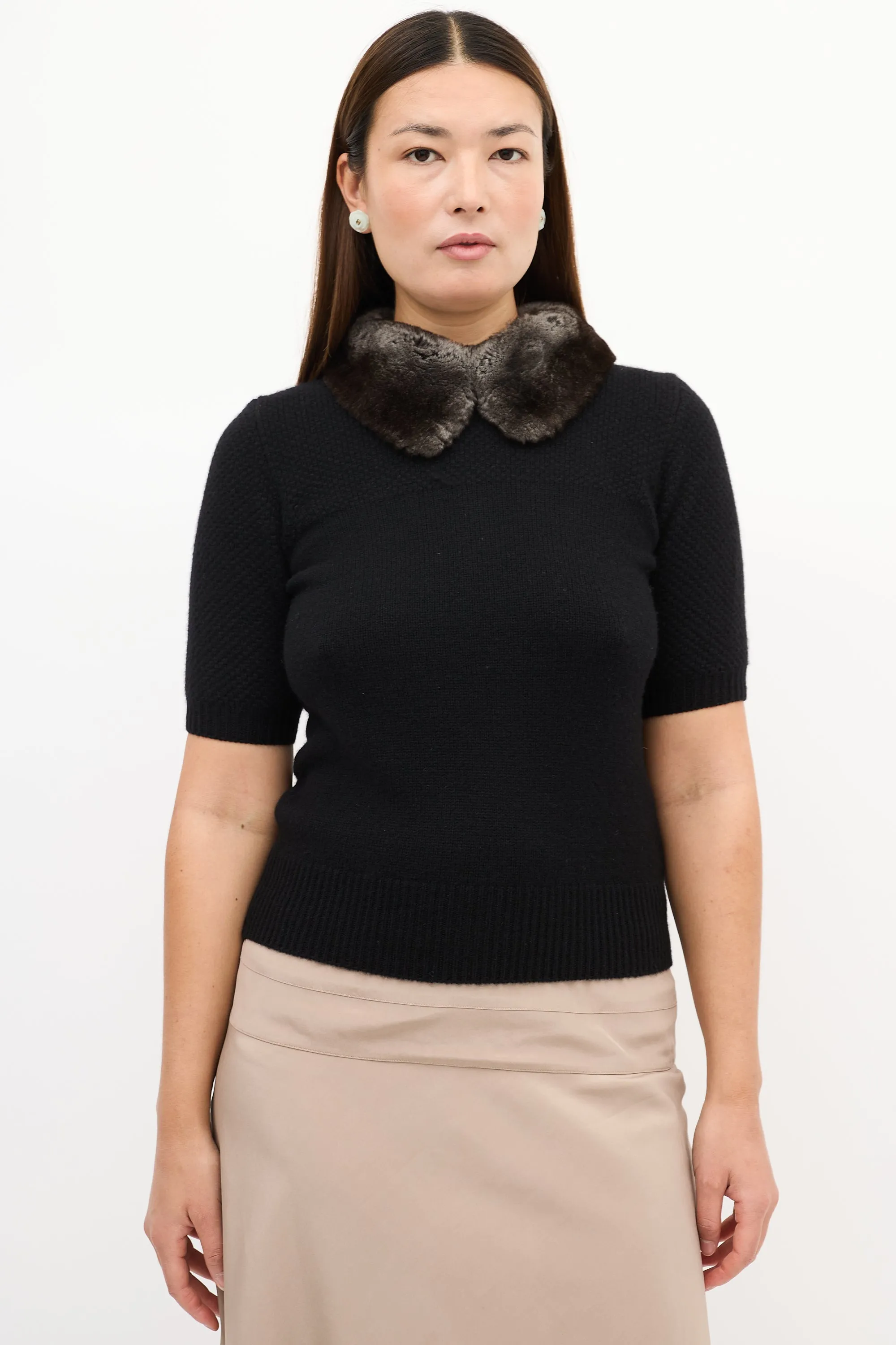 Black Cashmere & Fur Collar Knit Top