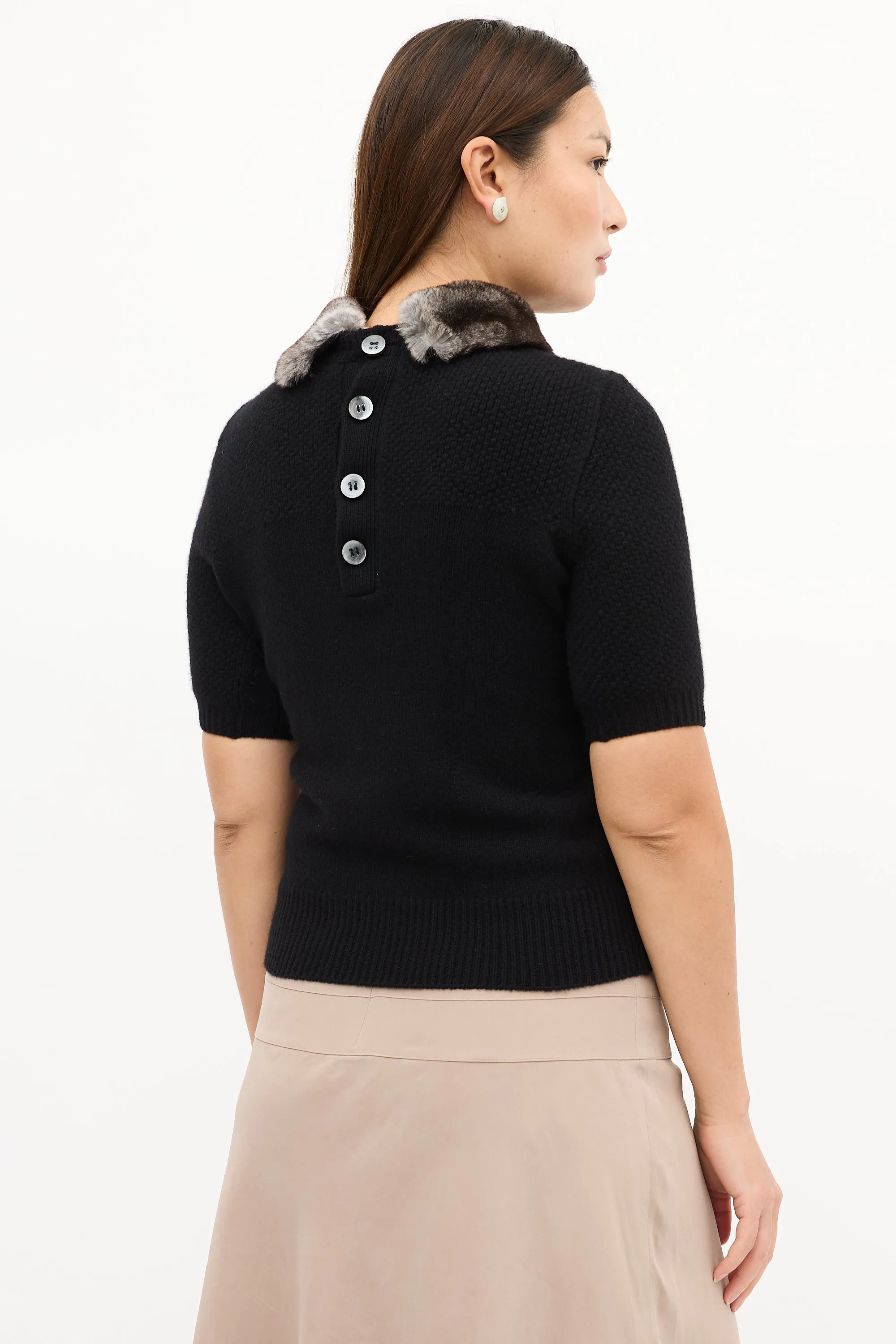 Black Cashmere & Fur Collar Knit Top