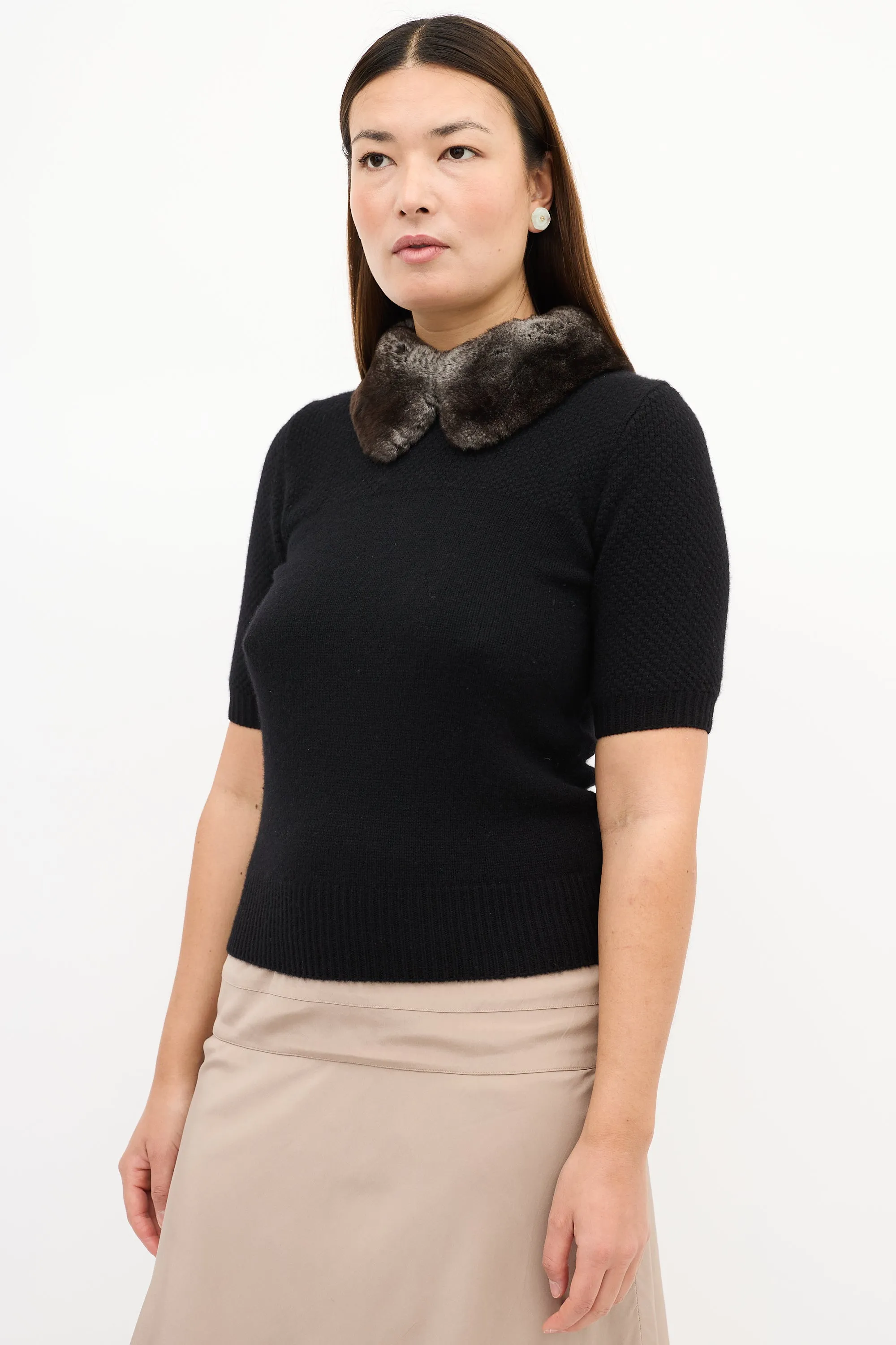 Black Cashmere & Fur Collar Knit Top