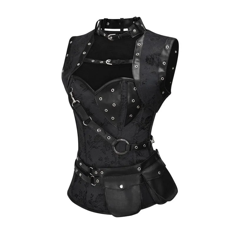 Black Leather Retro Steampunk Shawl Tunic Vest Corset with Buckles