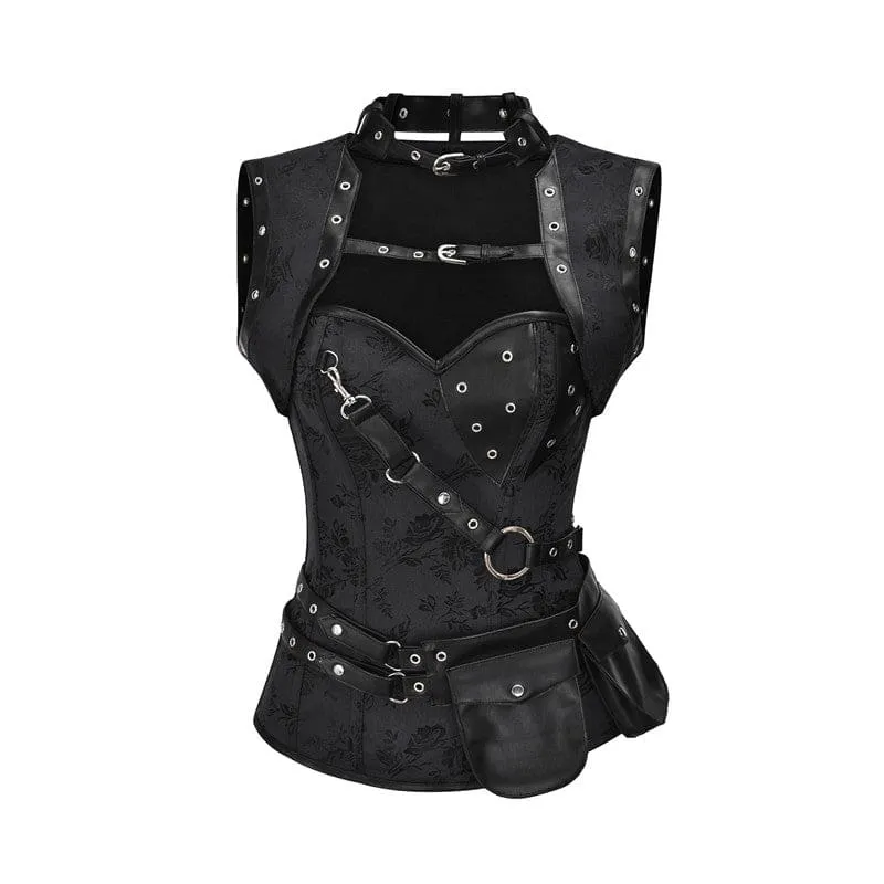 Black Leather Retro Steampunk Shawl Tunic Vest Corset with Buckles