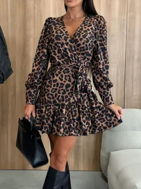 Bohemian Sexy Tied Leopard Surplice Long Sleeve Dress