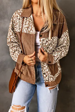 Brown Leopard Print Corduroy Long Sleeve Jacket