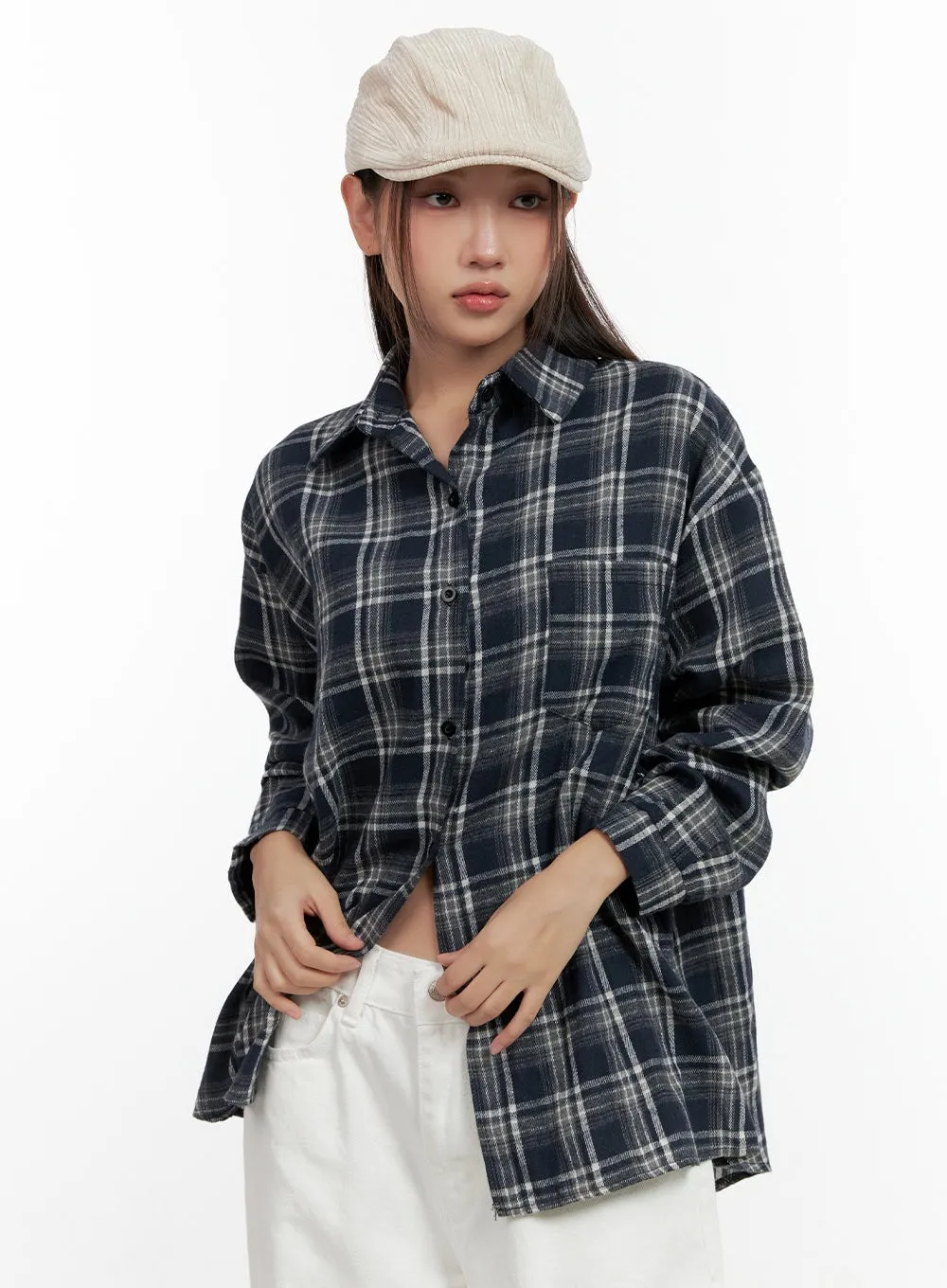 Buttoned Long Sleeve Check Blouse CN406