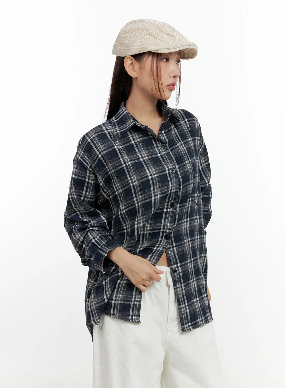 Buttoned Long Sleeve Check Blouse CN406