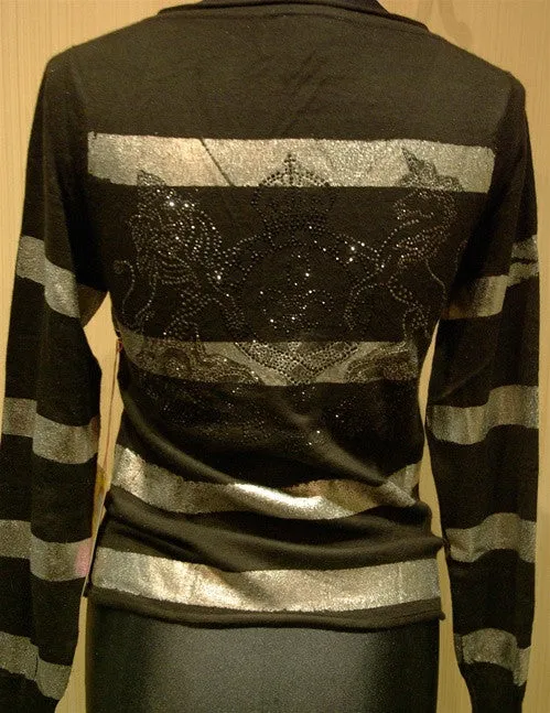 Cake Couture Cashmere V Neck Sweater with Silver Metallic Silkscreen Stripes Sweater