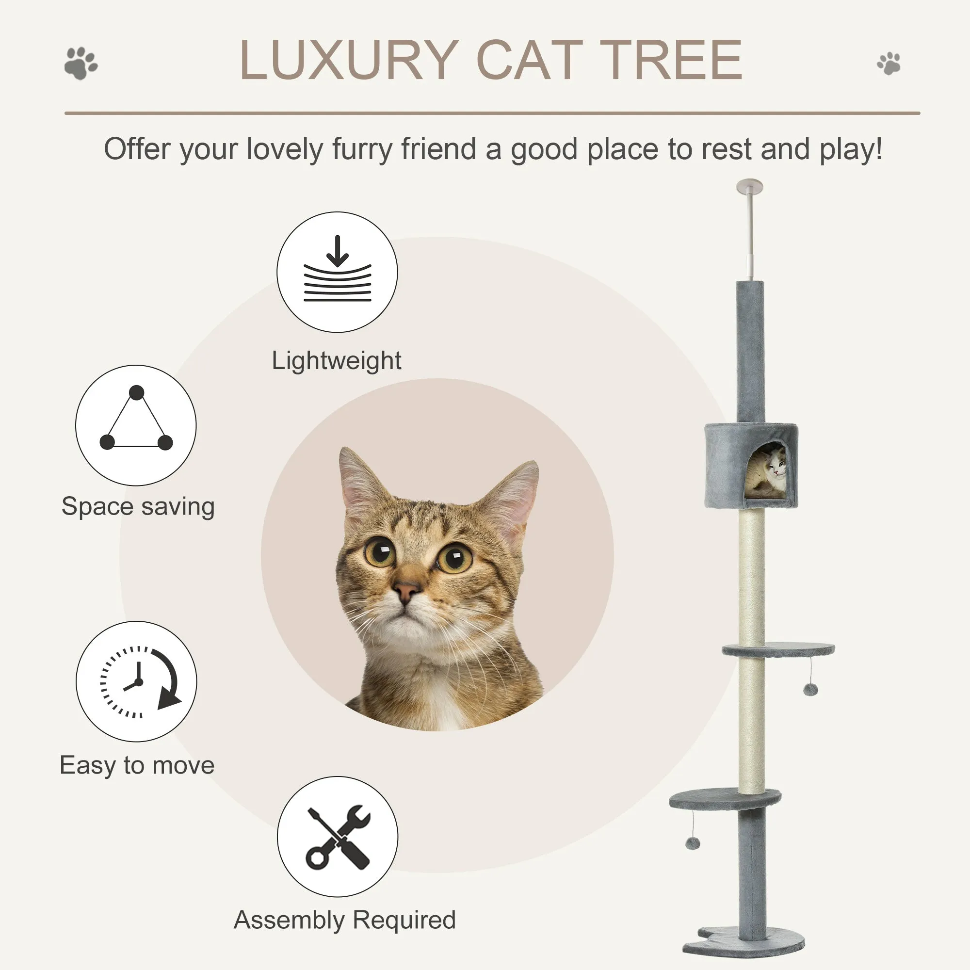 Cat Tree, Kitten Tower, Condo, Multi-Layer Activity Center, Indoor Pet Play House with Solid Scratching Post Hanging Balls, Grey