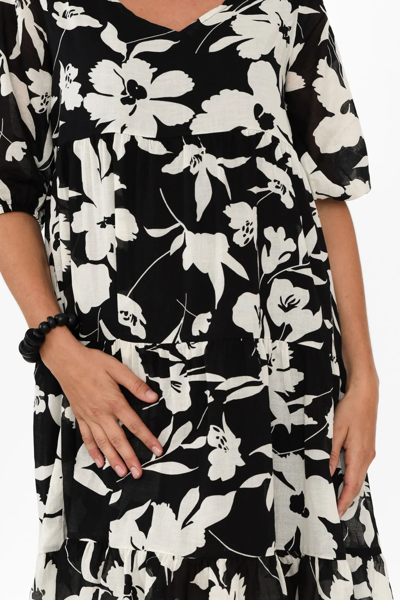 Cecca Black Floral Cotton Tier Dress