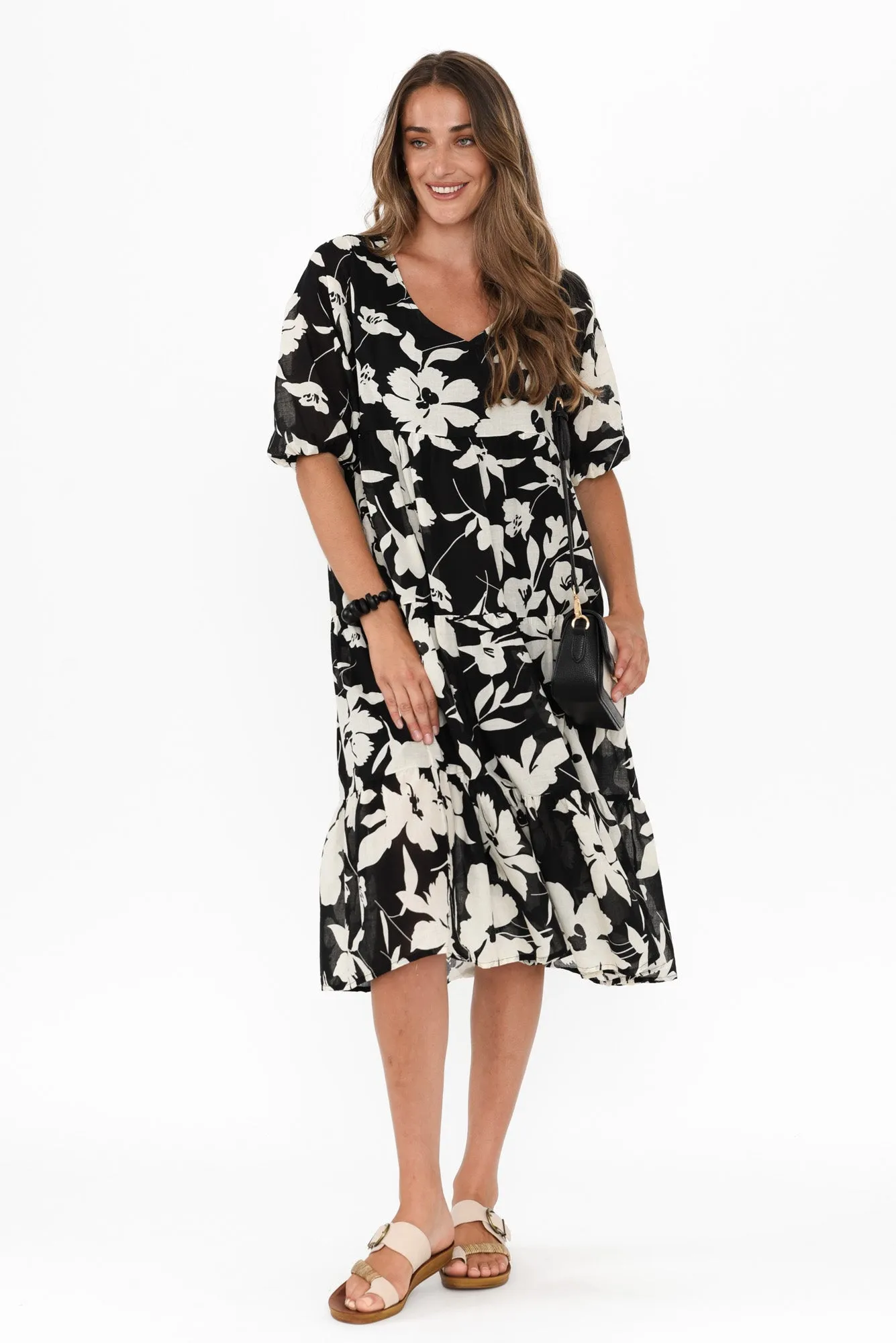 Cecca Black Floral Cotton Tier Dress