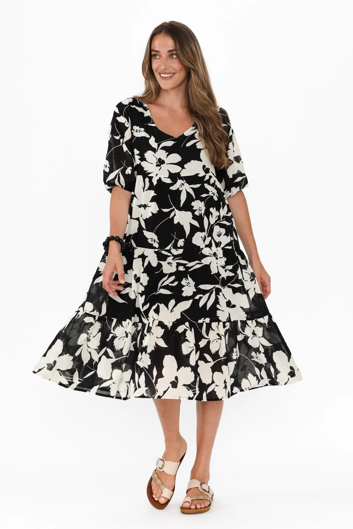 Cecca Black Floral Cotton Tier Dress