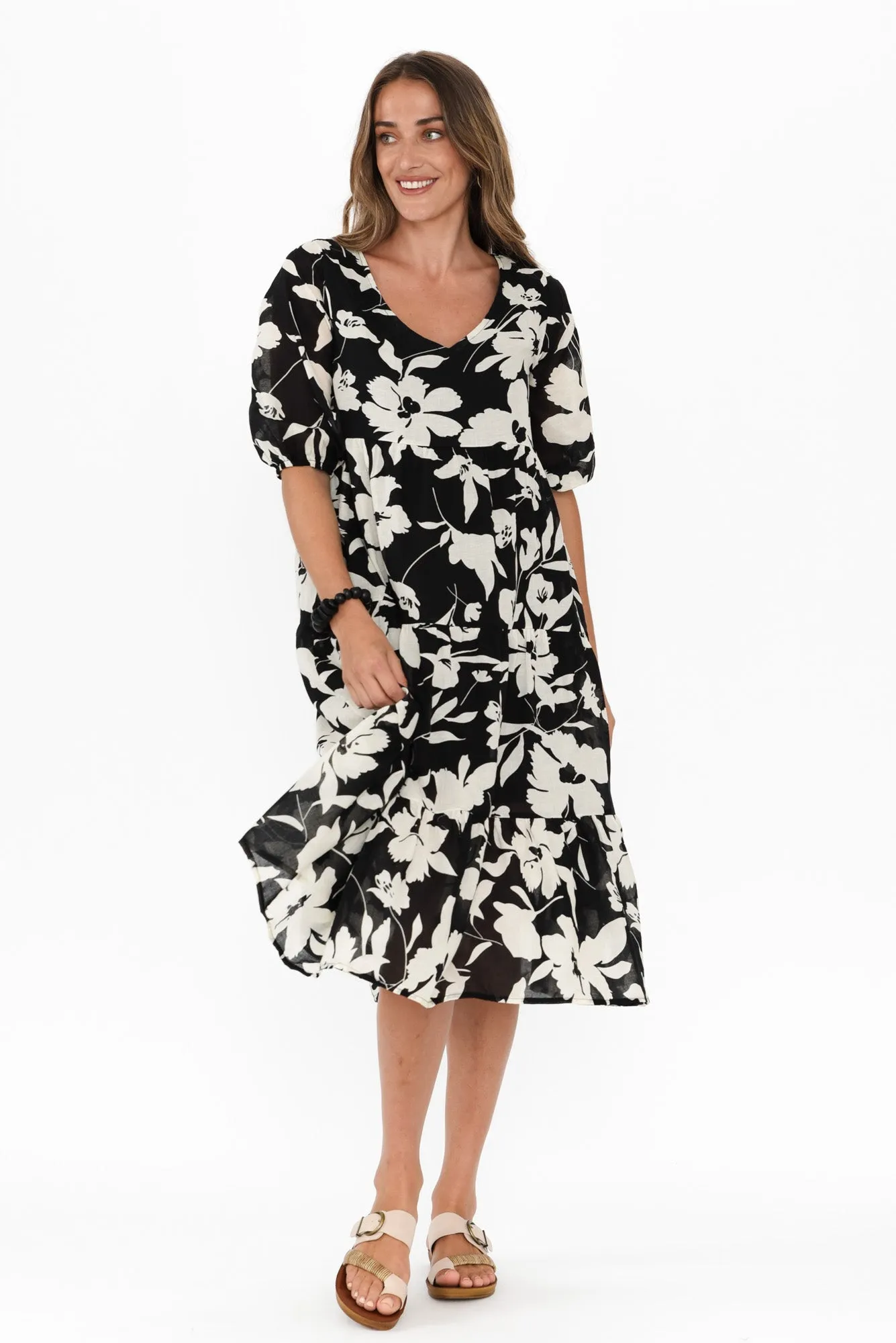 Cecca Black Floral Cotton Tier Dress