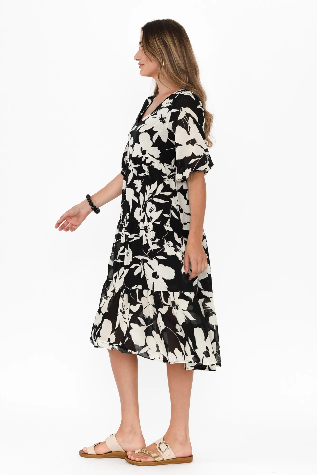 Cecca Black Floral Cotton Tier Dress