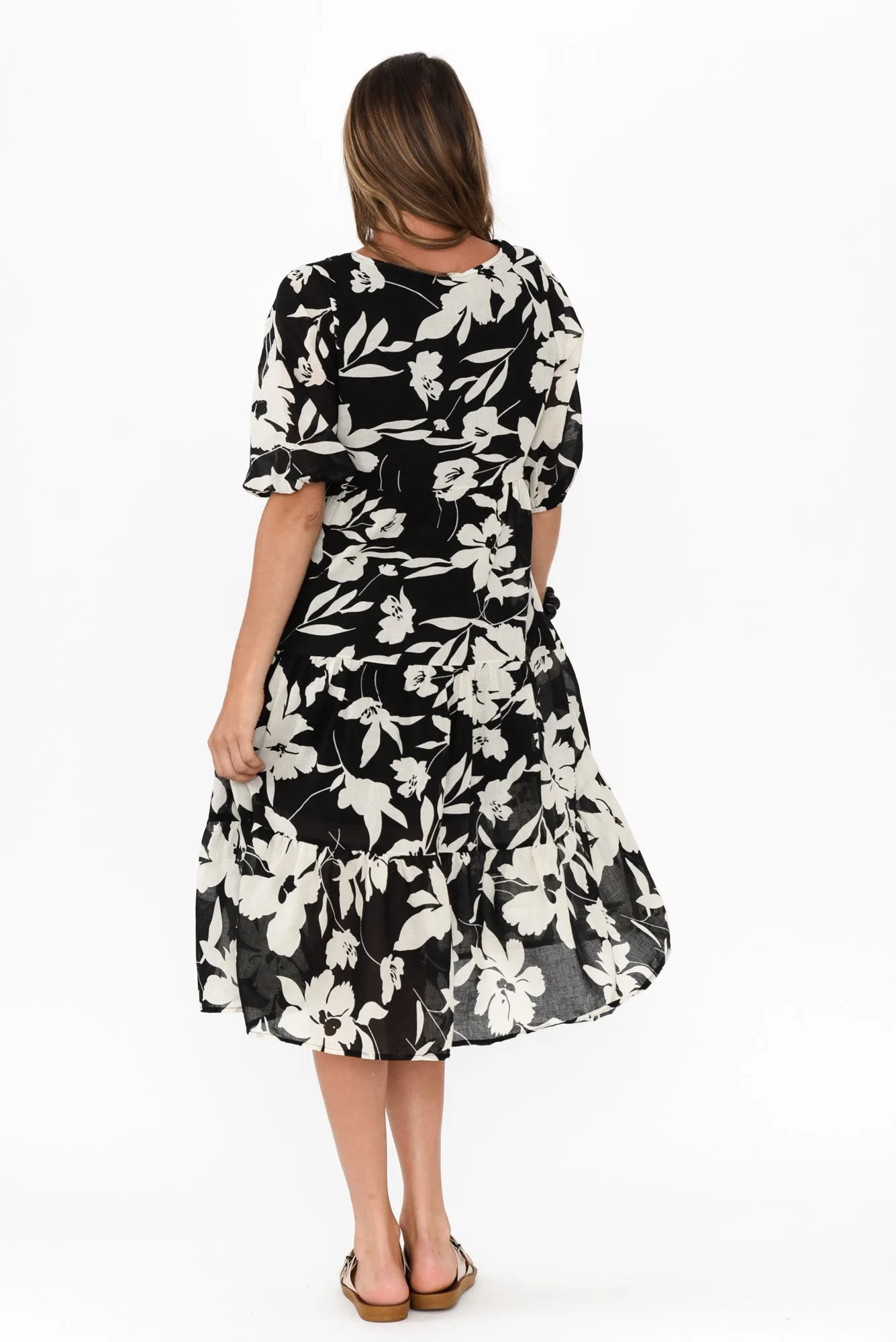 Cecca Black Floral Cotton Tier Dress