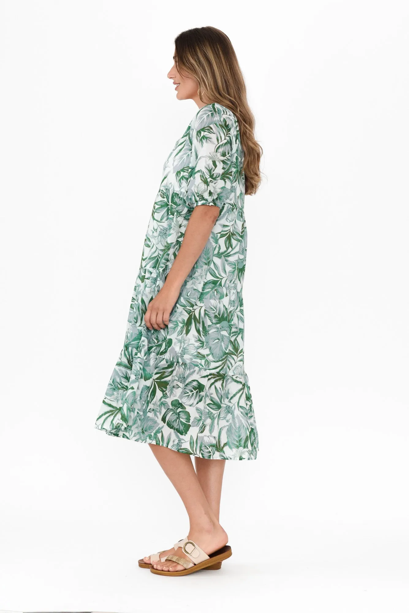 Cecca Green Floral Cotton Tier Dress