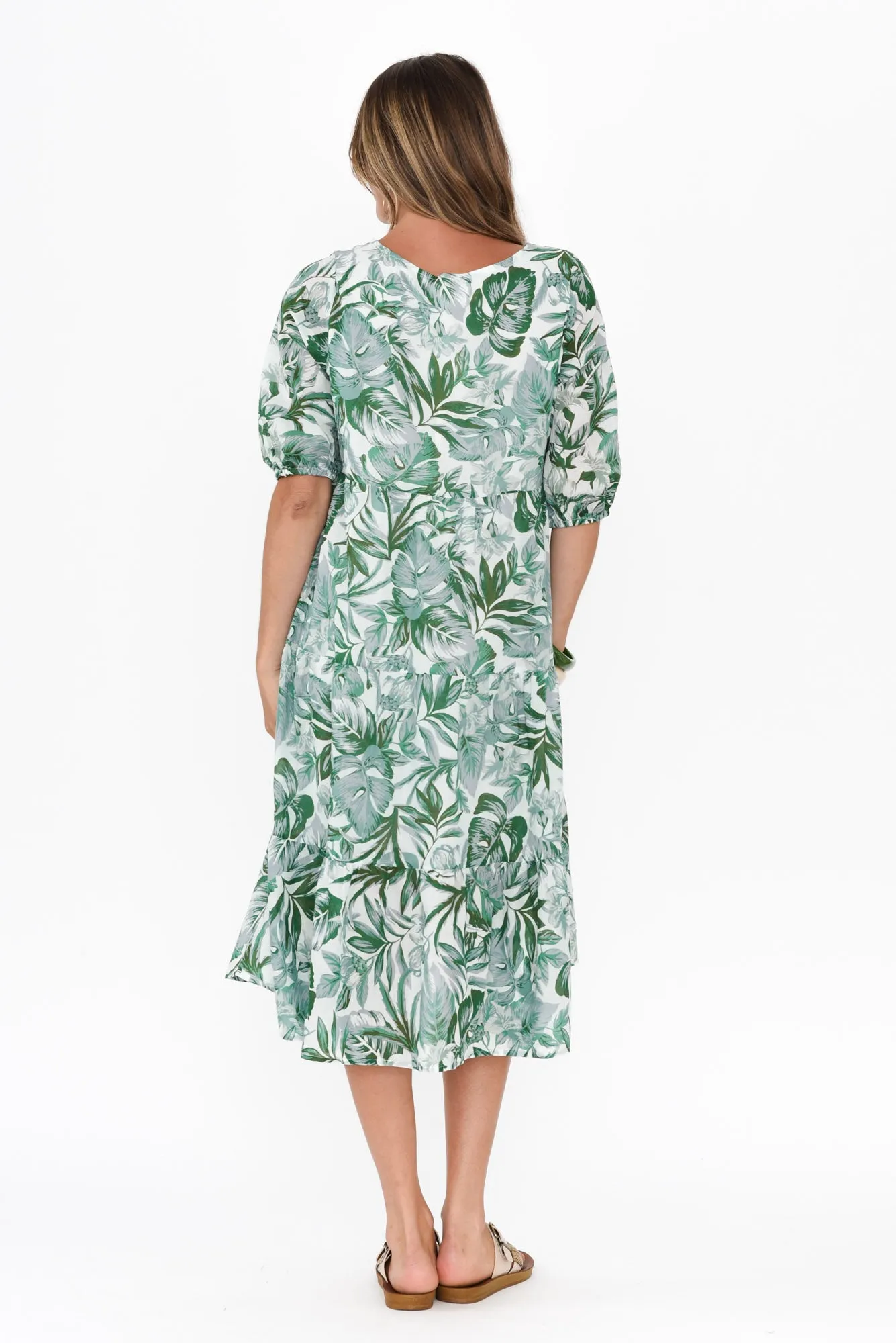 Cecca Green Floral Cotton Tier Dress