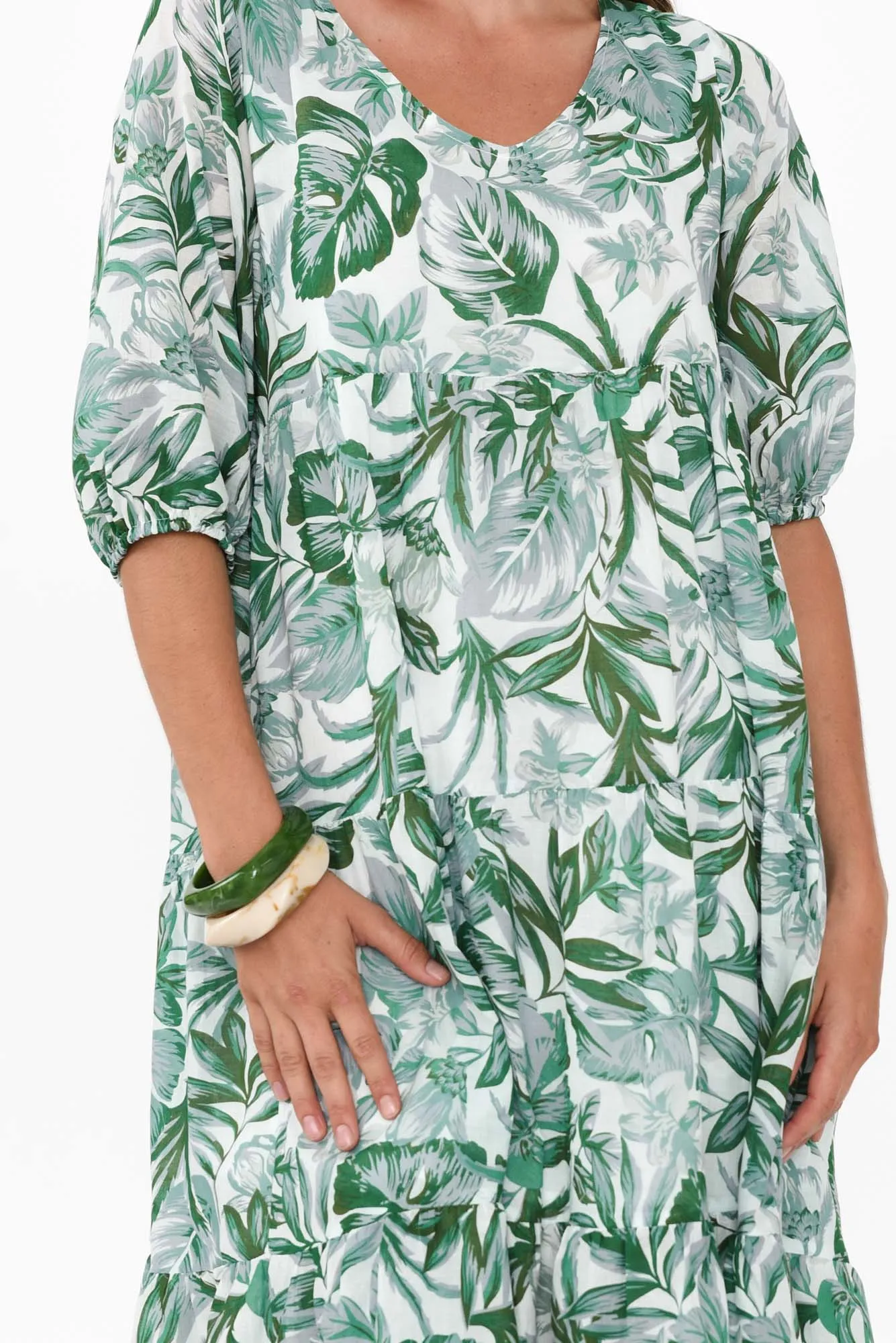 Cecca Green Floral Cotton Tier Dress