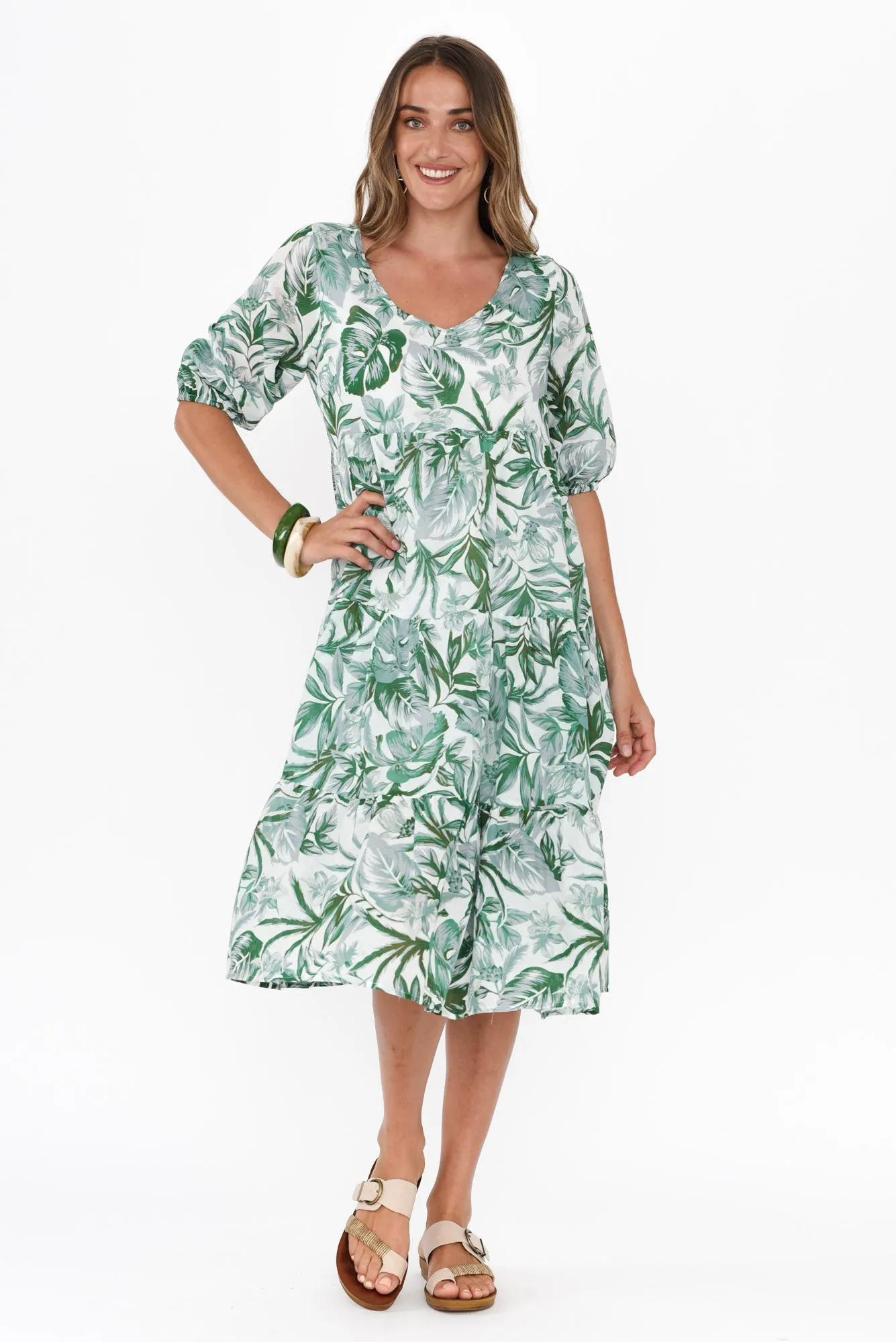 Cecca Green Floral Cotton Tier Dress