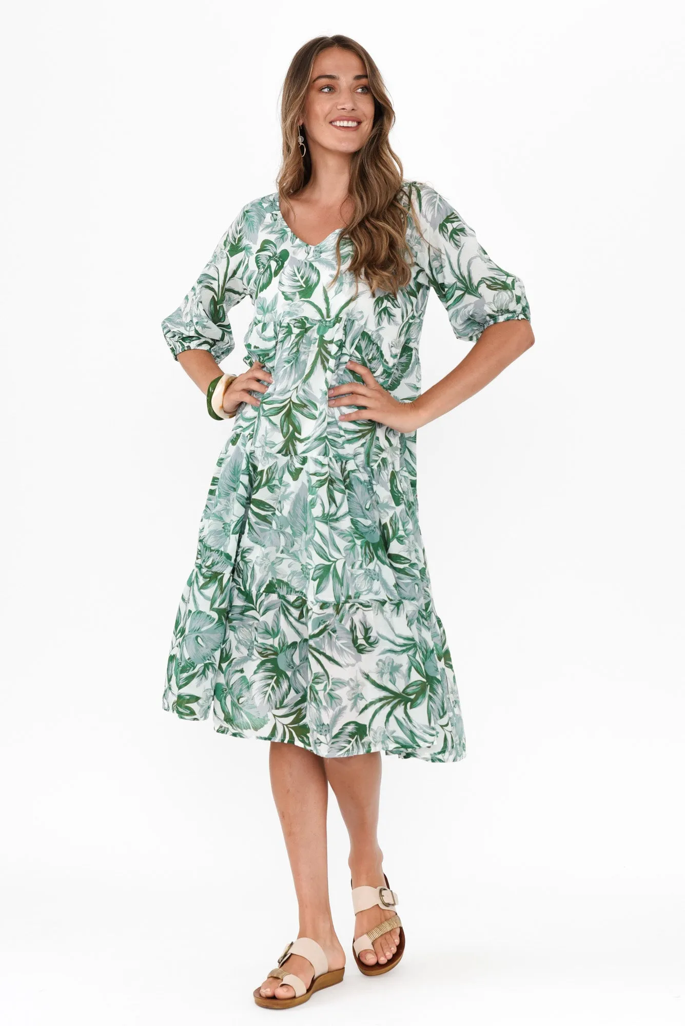 Cecca Green Floral Cotton Tier Dress