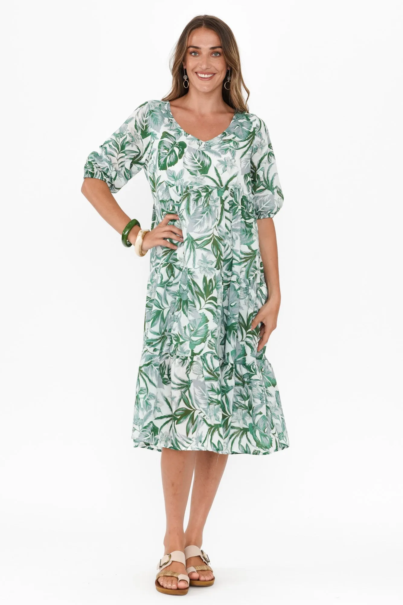 Cecca Green Floral Cotton Tier Dress