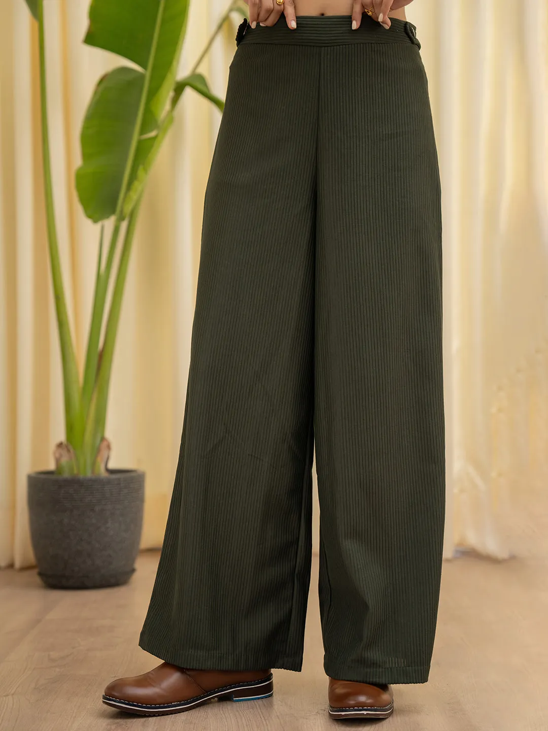 Corduroy Dark Green High Waist Pants