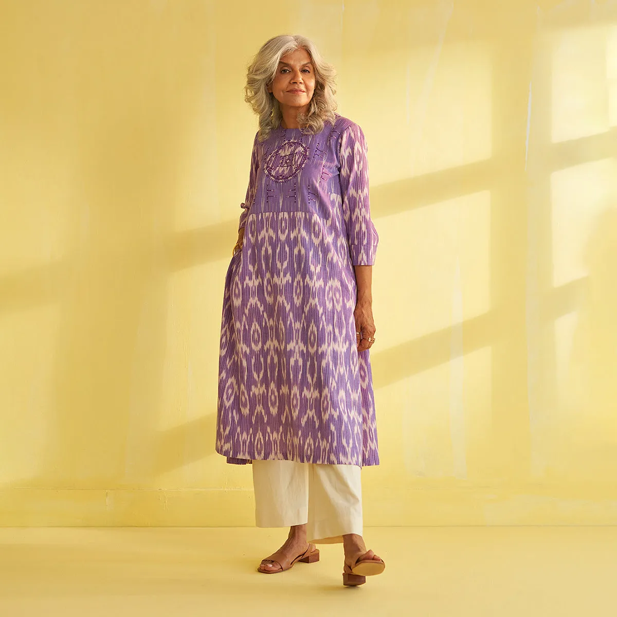 Cotton Ikat Kurta for Women | Ikat Print | Purple & White