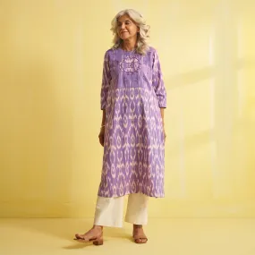 Cotton Ikat Kurta for Women | Ikat Print | Purple & White