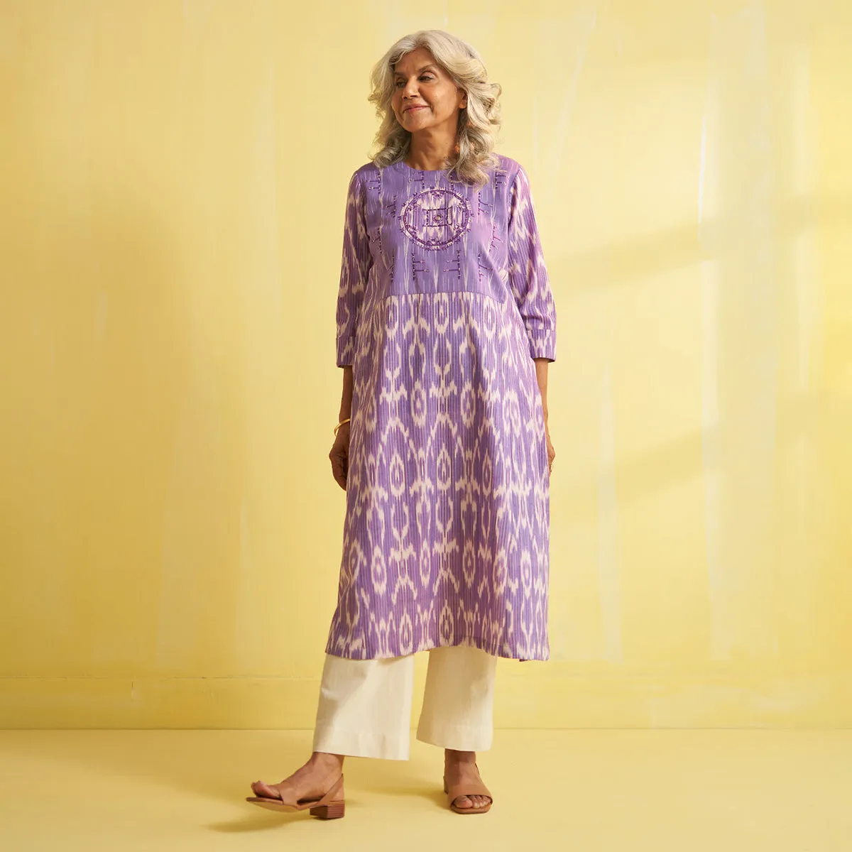 Cotton Ikat Kurta for Women | Ikat Print | Purple & White