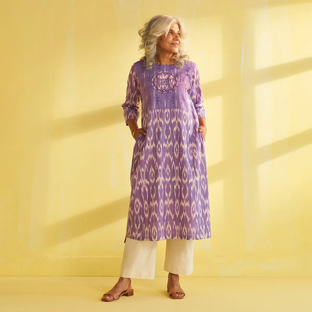 Cotton Ikat Kurta for Women | Ikat Print | Purple & White