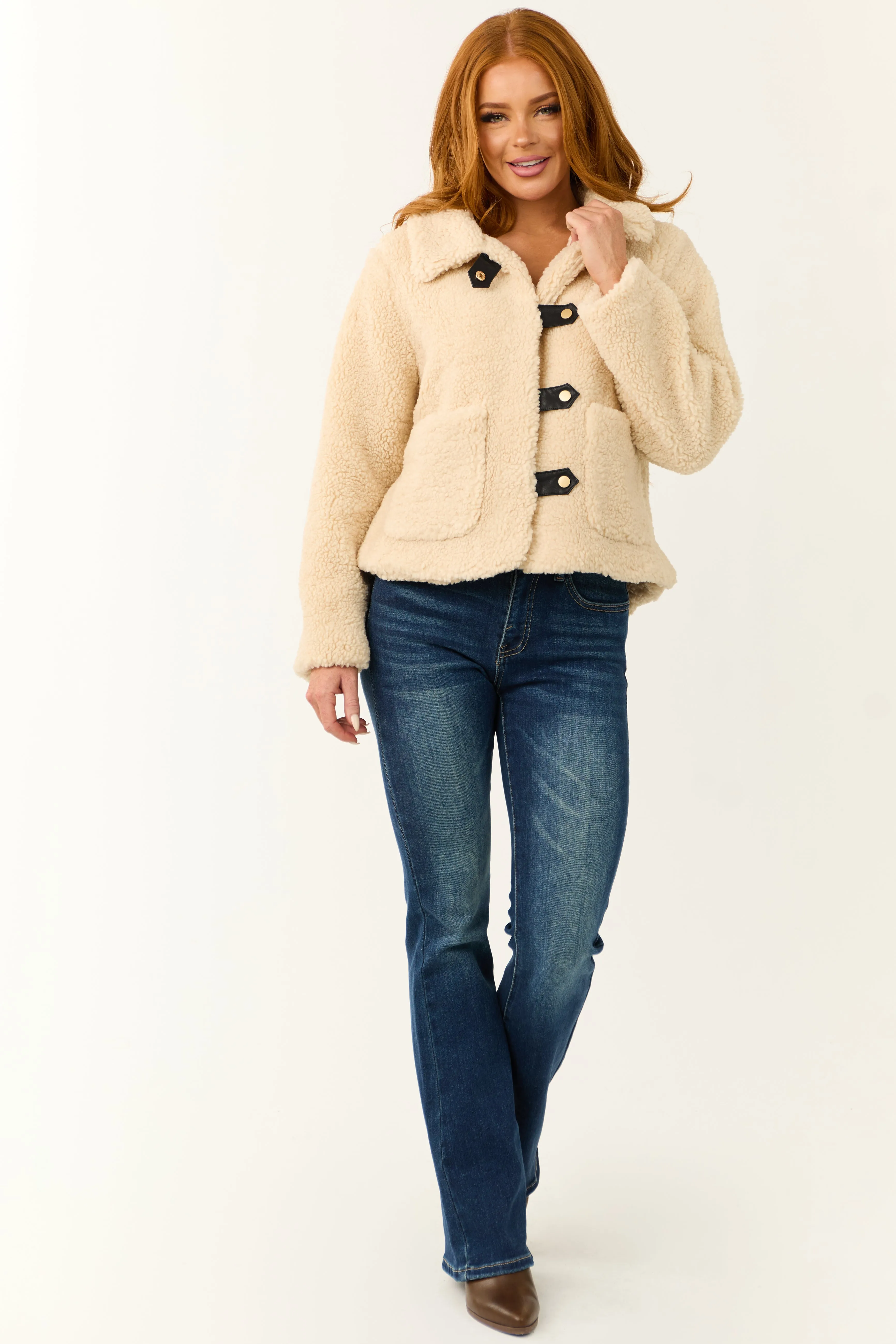 Cream Sherpa Long Sleeve Button Down Jacket