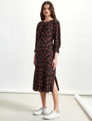 Darcie Long Sleeved Round Neck Midi Dress - Black/Crimson Floral