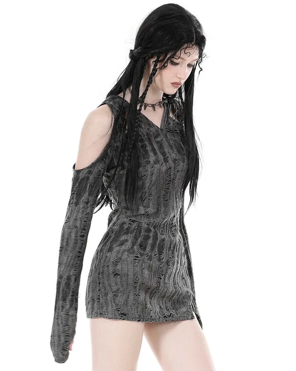 Dark In Love Womens Apocalyptic Punk Shredded Hooded Tunic Mini Dress - Black & Grey