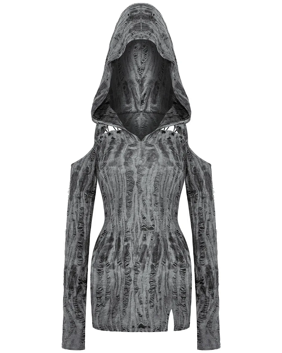 Dark In Love Womens Apocalyptic Punk Shredded Hooded Tunic Mini Dress - Black & Grey