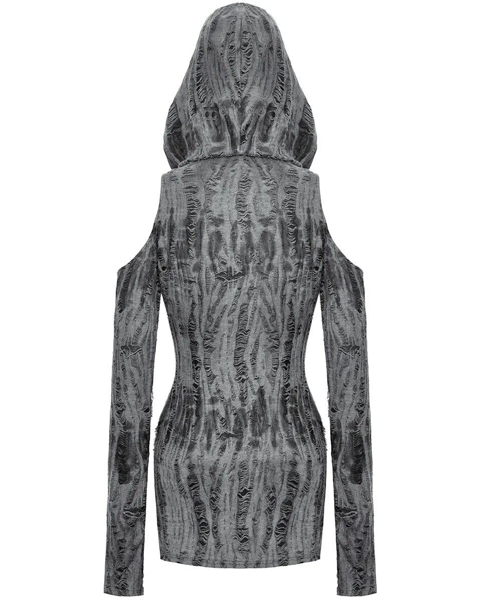 Dark In Love Womens Apocalyptic Punk Shredded Hooded Tunic Mini Dress - Black & Grey