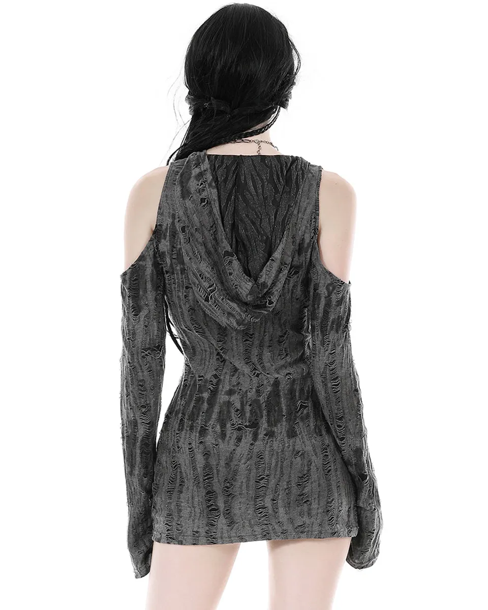 Dark In Love Womens Apocalyptic Punk Shredded Hooded Tunic Mini Dress - Black & Grey