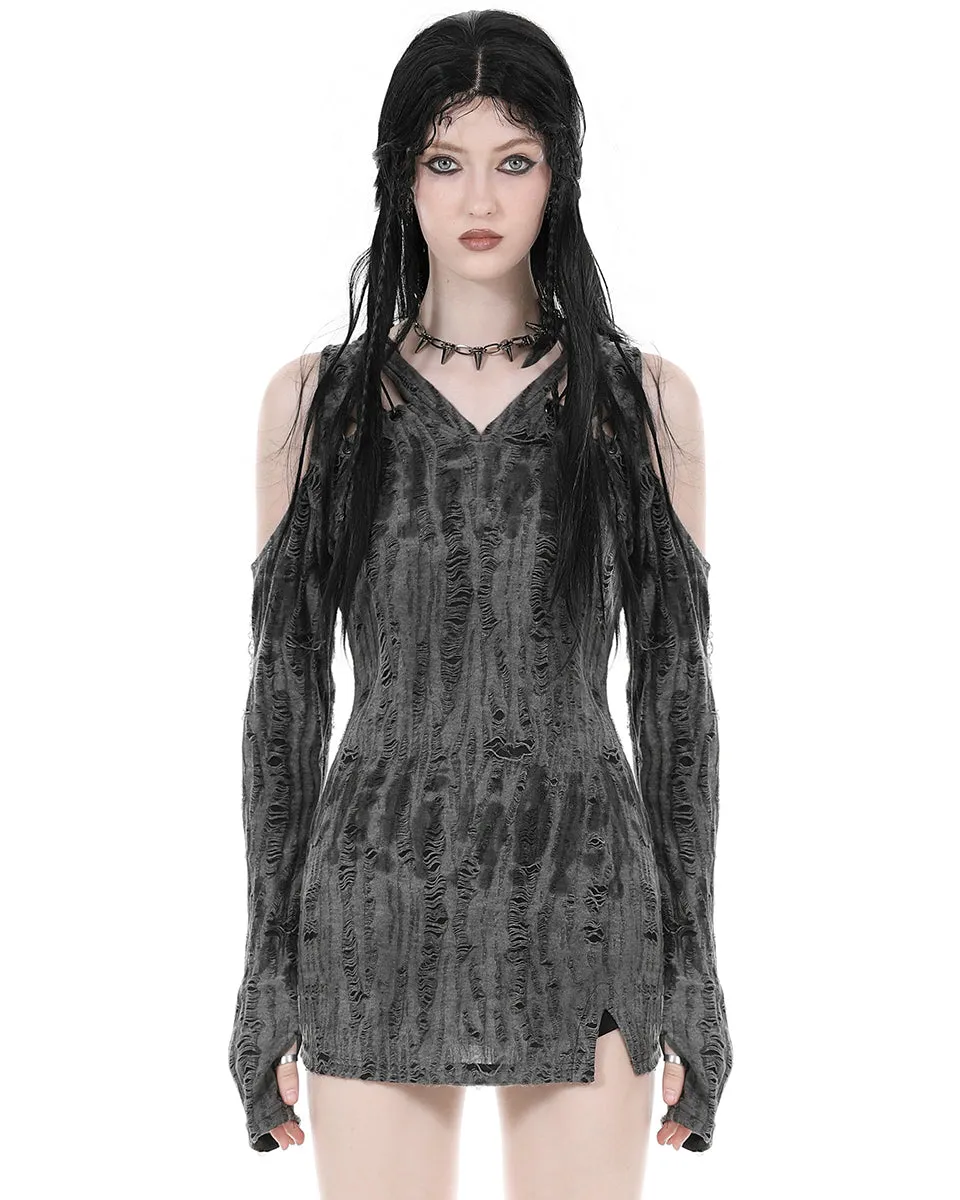 Dark In Love Womens Apocalyptic Punk Shredded Hooded Tunic Mini Dress - Black & Grey