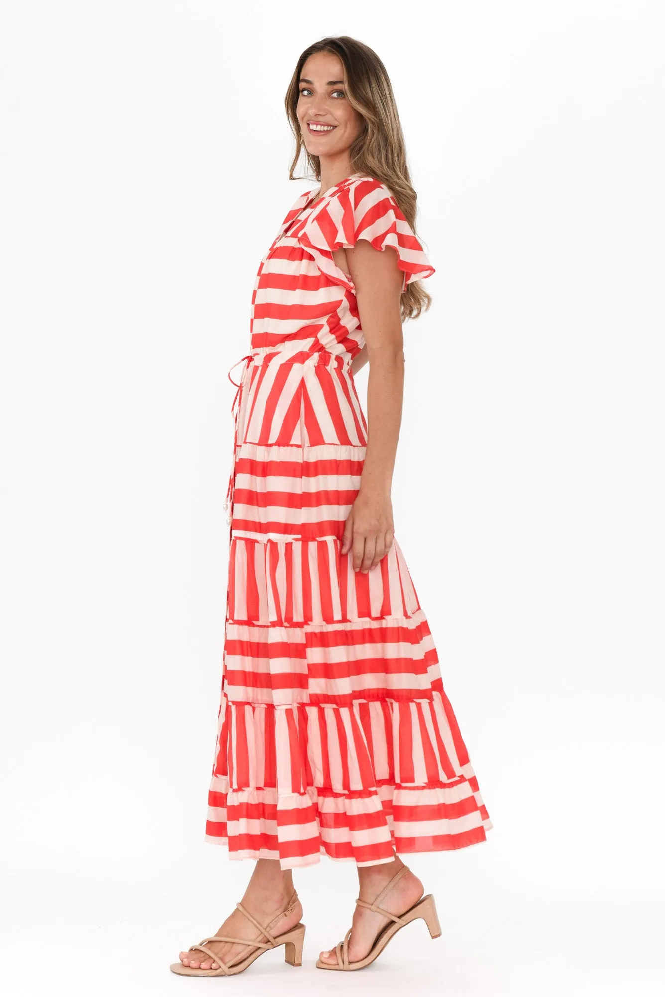 Delilah Red Stripe Cotton Tiered Dress