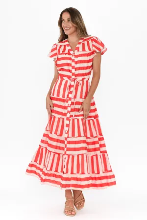 Delilah Red Stripe Cotton Tiered Dress