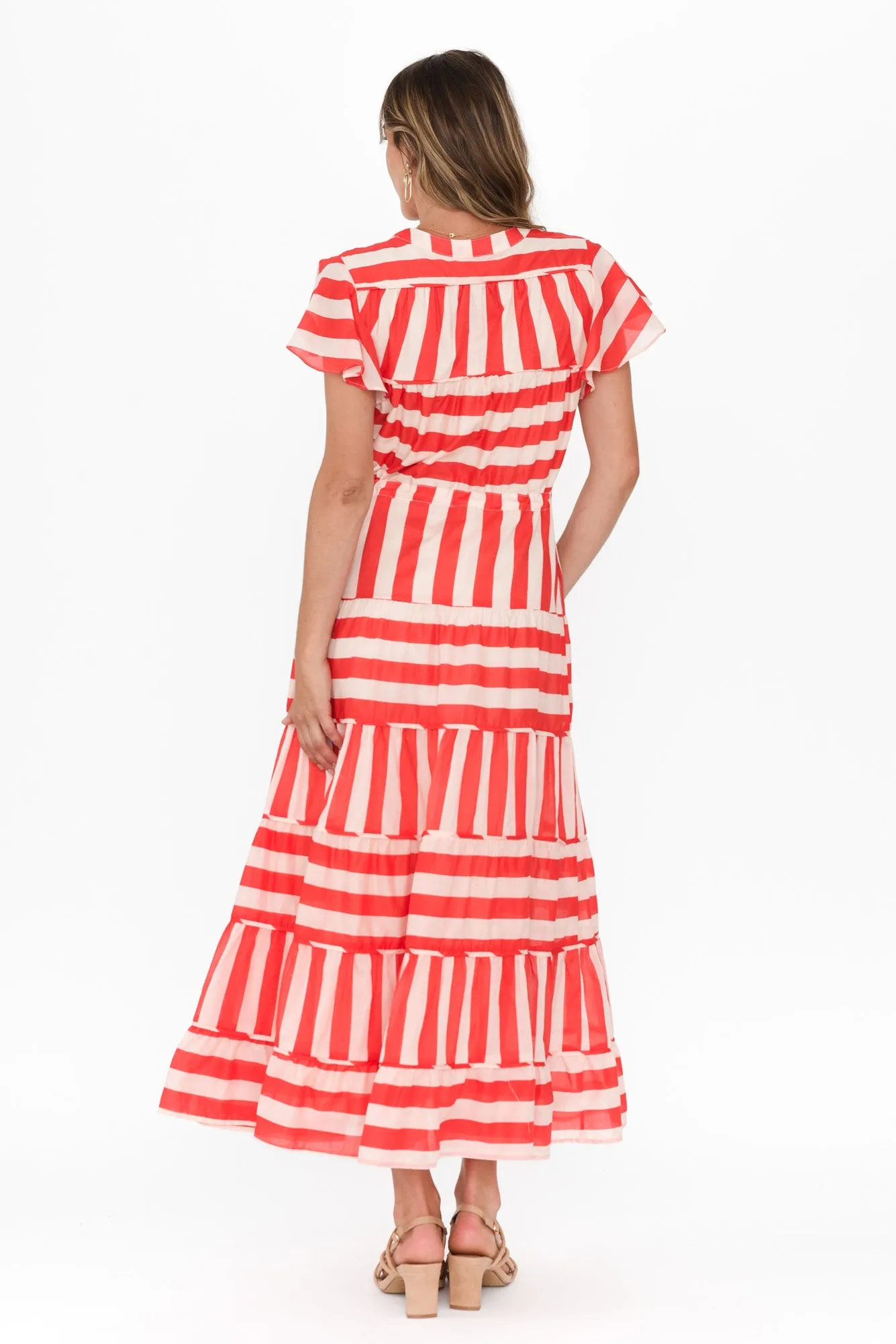 Delilah Red Stripe Cotton Tiered Dress