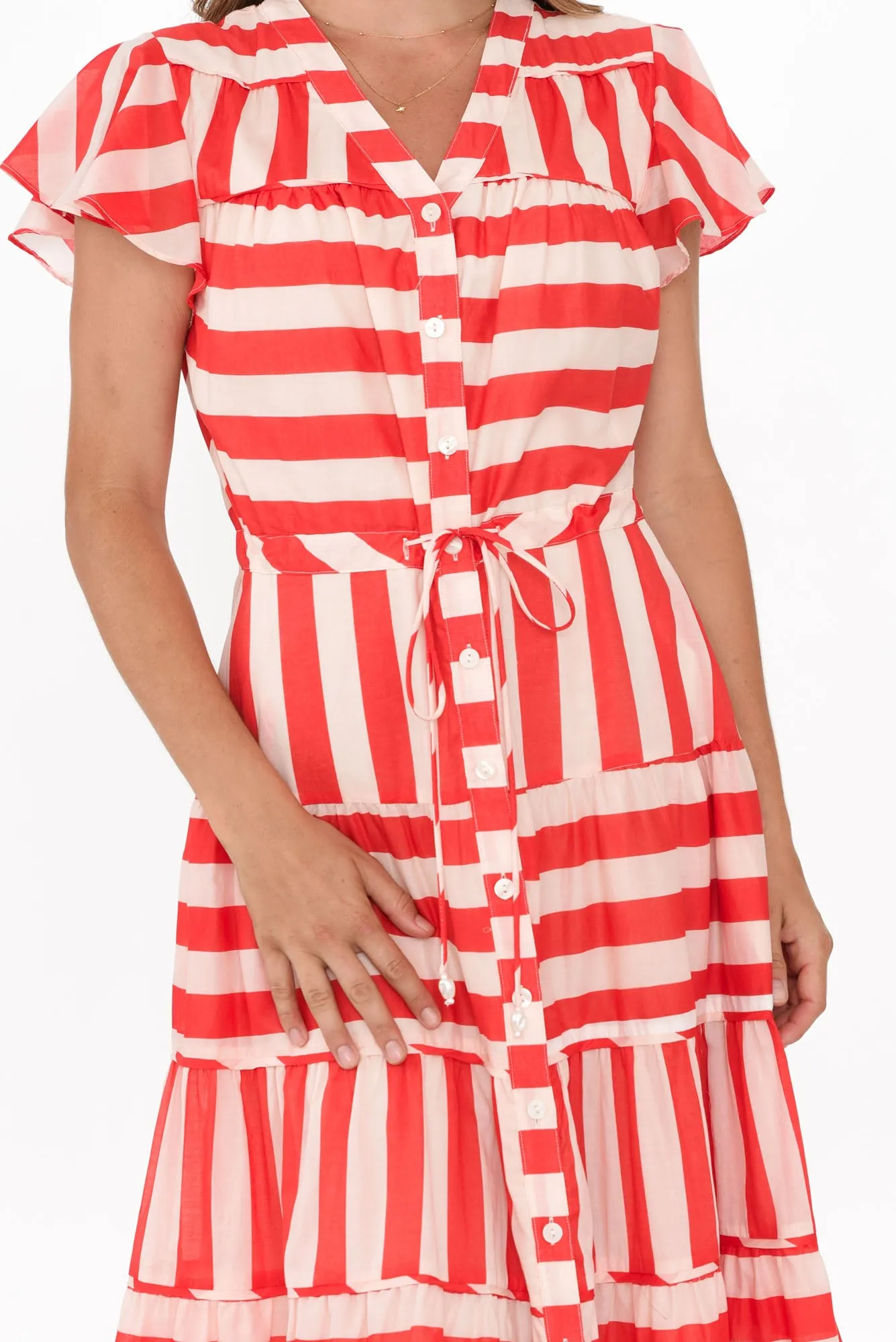 Delilah Red Stripe Cotton Tiered Dress