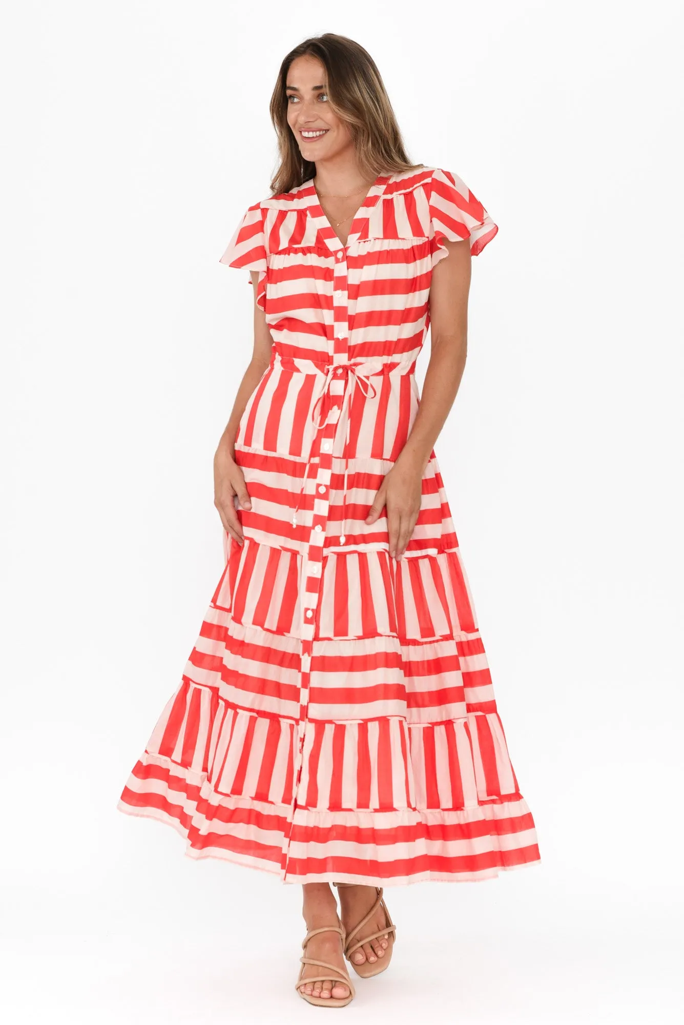 Delilah Red Stripe Cotton Tiered Dress